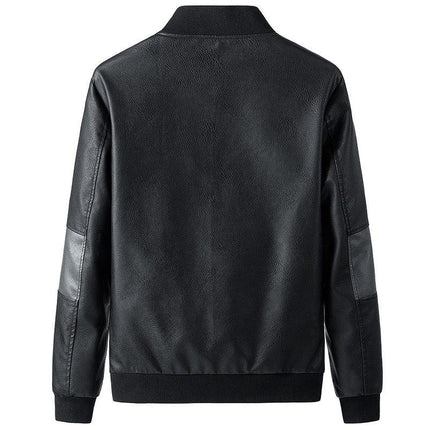 Men’s Leather Look Bomber Jacket with Ribbed Collar and Cuffs