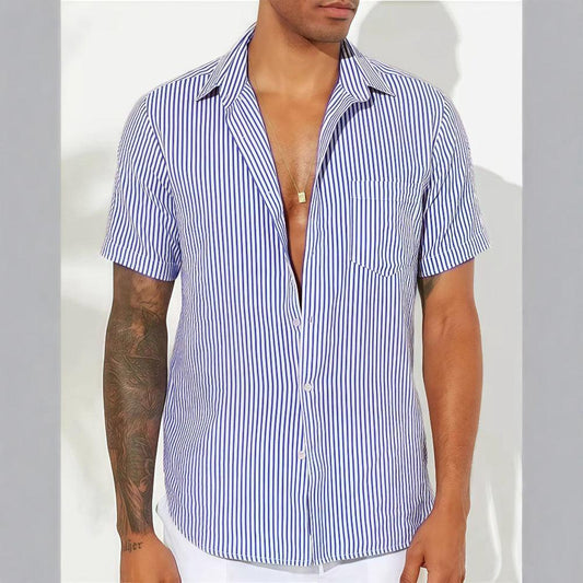Men's Short Sleeve Casual Shirt Cotton Blend Vertical Stripes