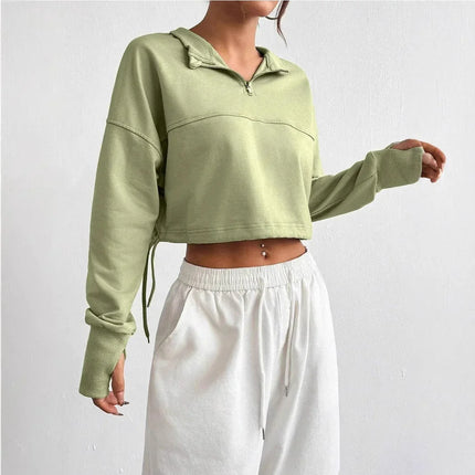 Women's Cropped Sweatshirt Cotton Blend Zip Neck Balloon Sleeves