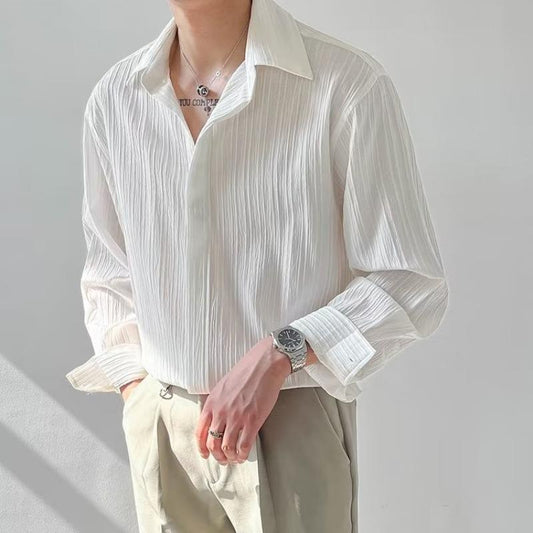 Men's Long Sleeve Shirt Textured Crinkle Fabric Relaxed Fit