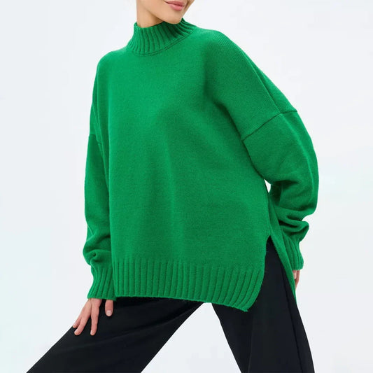 Women's Oversized Ribbed Knit Pullover Sweater with Semi-High Neck and Dropped Shoulders
