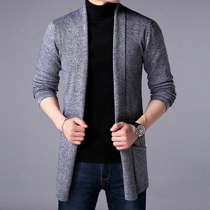 Men’s Knitted Long Cardigan Open Front Relaxed Fit Ribbed Trim