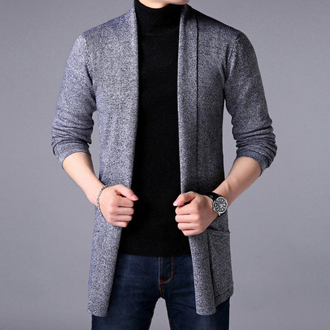 Men’s Knitted Long Cardigan Open Front Relaxed Fit Ribbed Trim