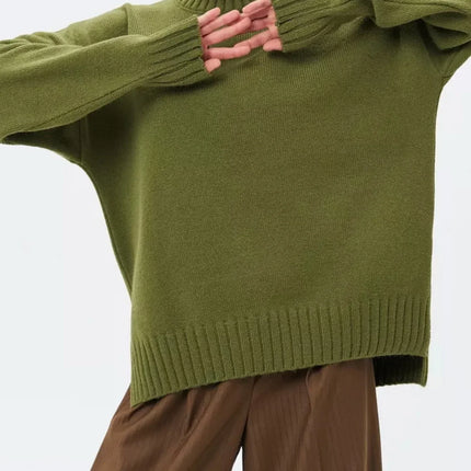 Women's Oversized Ribbed Knit Pullover Sweater with Semi-High Neck and Dropped Shoulders