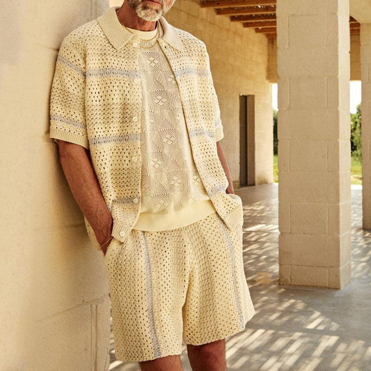 Men's Open Knit Cardigan and Shorts Set - Relaxed Fit Breathable Casual Wear