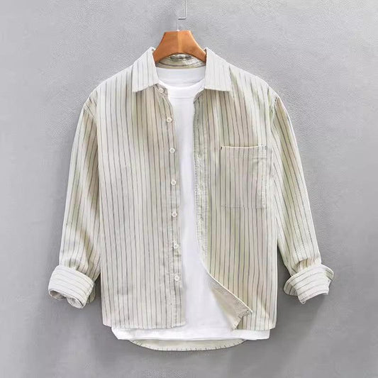Men's Lightweight Cotton Long Sleeve Shirt - Relaxed Fit Vertical Stripes