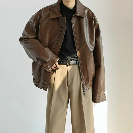 Men's Cropped Leather Jacket - Oversized Zip Front - Casual Street Style