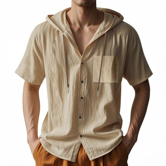 Men’s Short Sleeve Hooded Shirt Linen Blend