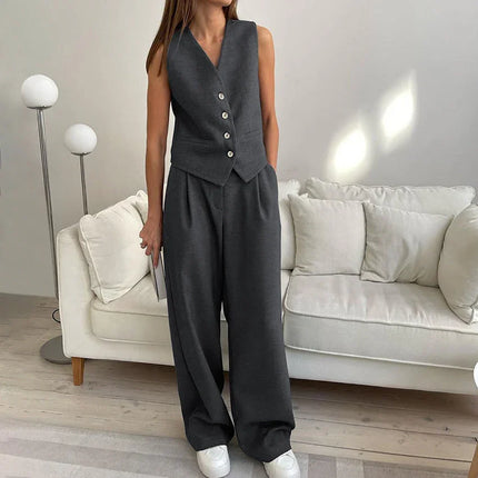 Women's Wide-Leg Pants Set with Button Detail