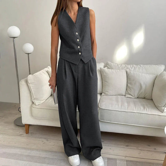 Women's Wide-Leg Pants Set with Button Detail
