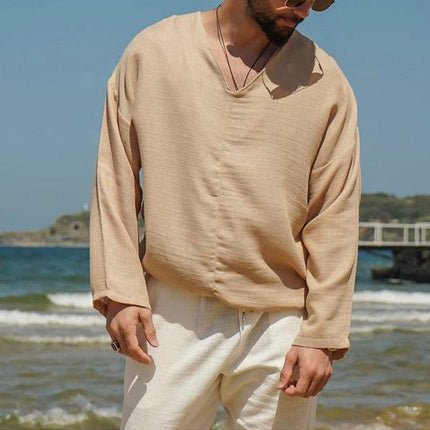 Men’s V-Neck Linen Shirt Long Sleeve Relaxed Fit