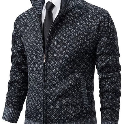 Men’s Fitted Knit Cardigan Sweater with Zip Front and Stand Collar