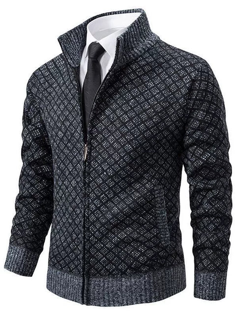 Men’s Fitted Knit Cardigan Sweater with Zip Front and Stand Collar