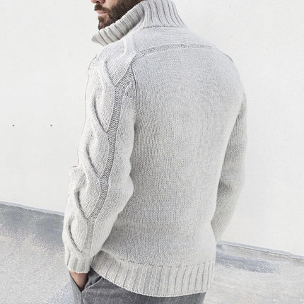 Men’s Wool Blend Knit Cardigan with High Neck and Cable Sleeves