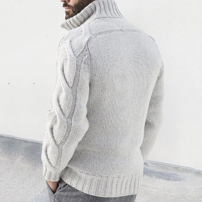Men’s Wool Blend Knit Cardigan with High Neck and Cable Sleeves