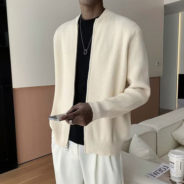 Men's Ribbed Knit Cardigan with Double Zipper and Relaxed Fit