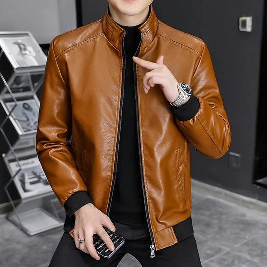 Men’s Slim Fit Leather Jacket with Stand Collar and Zip-Up Closure