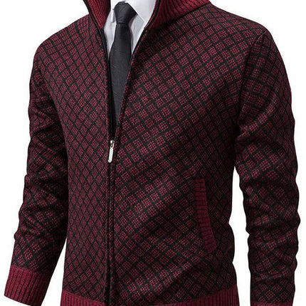 Men’s Fitted Knit Cardigan Sweater with Zip Front and Stand Collar