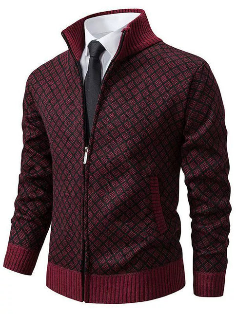 Men’s Fitted Knit Cardigan Sweater with Zip Front and Stand Collar