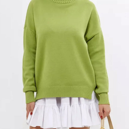 Women's Oversized Ribbed Knit Pullover Sweater with Semi-High Neck and Dropped Shoulders