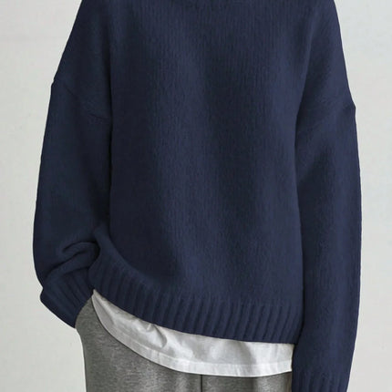 Women's Oversized Wool Sweater - Knitted Crew Neck with Ribbed Trim