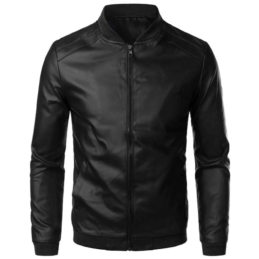 Men’s Leather Jacket Slim Fit Stand Collar Zipper Front Ribbed Cuffs
