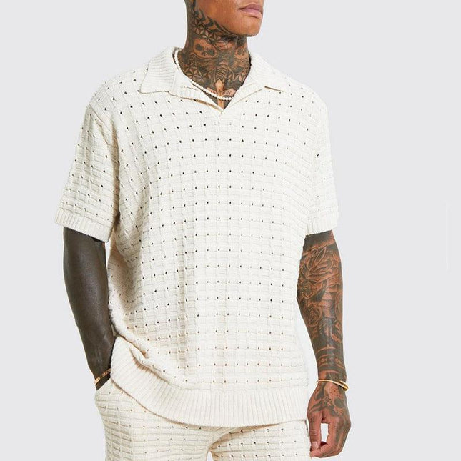 Men's V-Neck Knit Polo Shirt Cotton Blend
