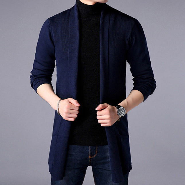Men’s Knitted Long Cardigan Open Front Relaxed Fit Ribbed Trim