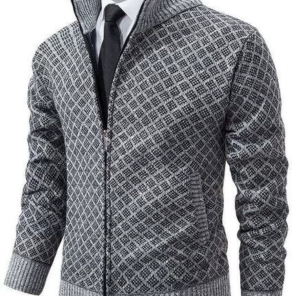 Men’s Fitted Knit Cardigan Sweater with Zip Front and Stand Collar