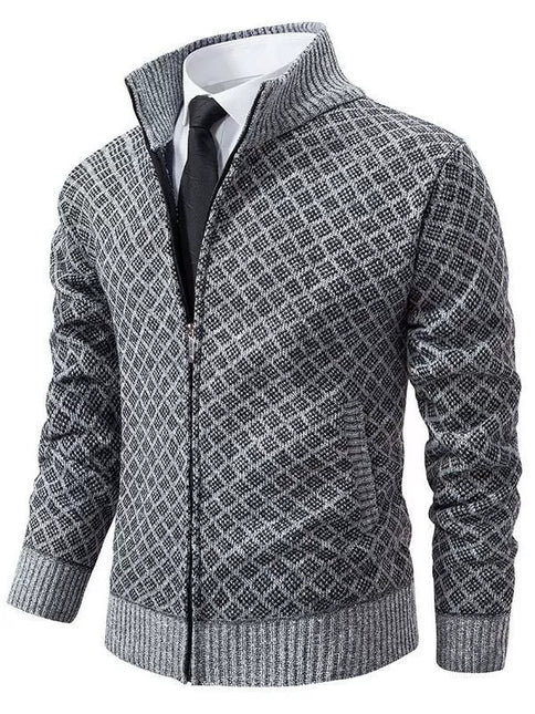 Men’s Fitted Knit Cardigan Sweater with Zip Front and Stand Collar
