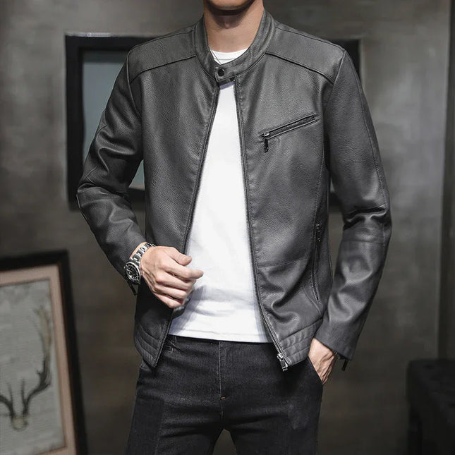 Men’s Slim Fit Leather Biker Jacket with Stand Collar and Zippered Cuffs