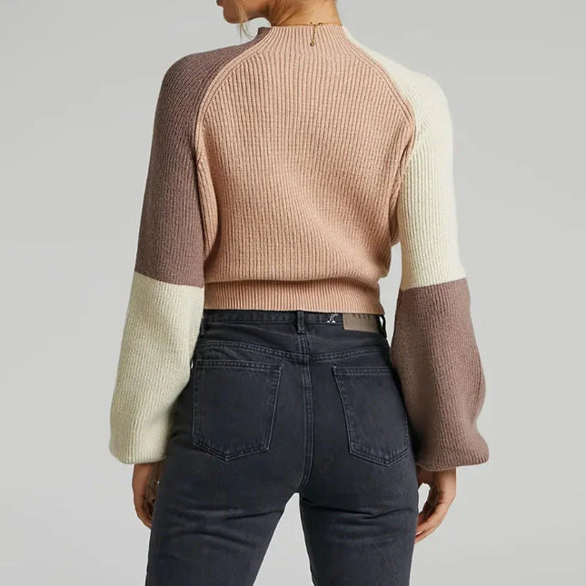 Women's Oversized Ribbed Knit Pullover Sweater with Mock Neck and Bell Sleeves