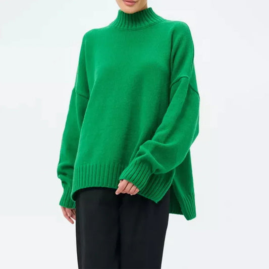 Women's Oversized Ribbed Knit Pullover Sweater with Semi-High Neck and Dropped Shoulders