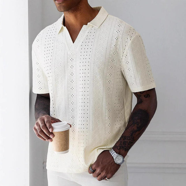 Men’s V-Neck Knit T-Shirt Jacquard Lace Relaxed Fit Short Sleeve