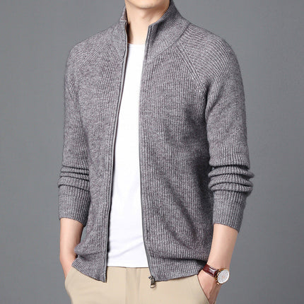Men’s Wool Knit Cardigan Sweater with Zip Front and Relaxed Fit