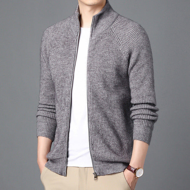 Men’s Wool Knit Cardigan Sweater with Zip Front and Relaxed Fit