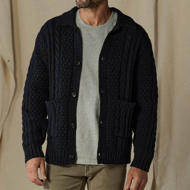 Men’s Wool Cable Knit Cardigan with Button Front and Pockets