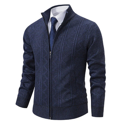 Men’s Wool Knit Cardigan Jacket with Zipper Closure and Stand Collar