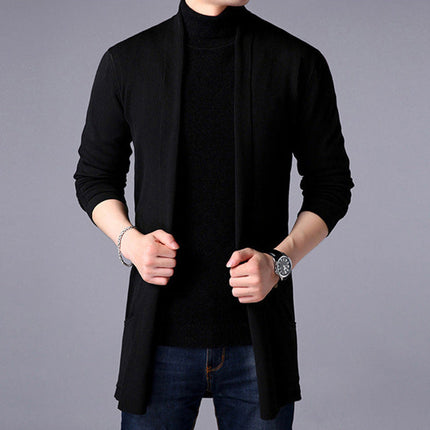 Men’s Knitted Long Cardigan Open Front Relaxed Fit Ribbed Trim