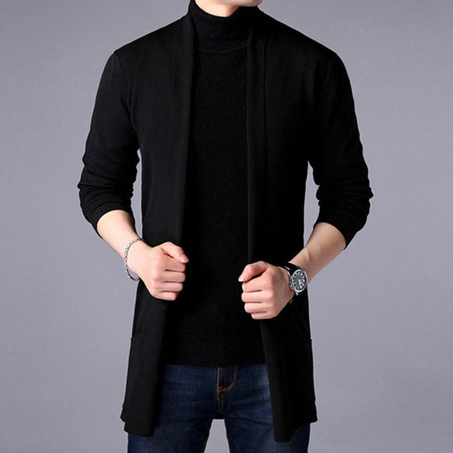 Men’s Knitted Long Cardigan Open Front Relaxed Fit Ribbed Trim