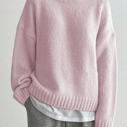 Women's Oversized Wool Sweater - Knitted Crew Neck with Ribbed Trim