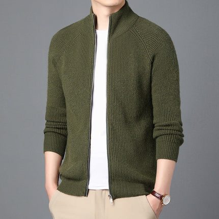 Men’s Wool Knit Cardigan Sweater with Zip Front and Relaxed Fit