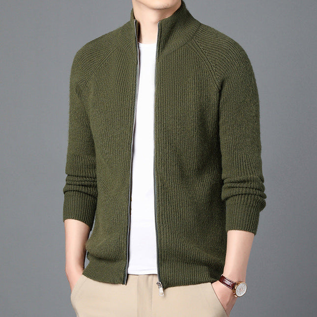 Men’s Wool Knit Cardigan Sweater with Zip Front and Relaxed Fit