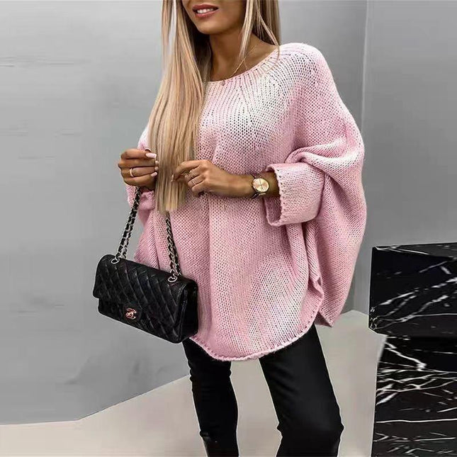 Women's Oversized Knit Cape Sweater Wool Blend Batwing Sleeves