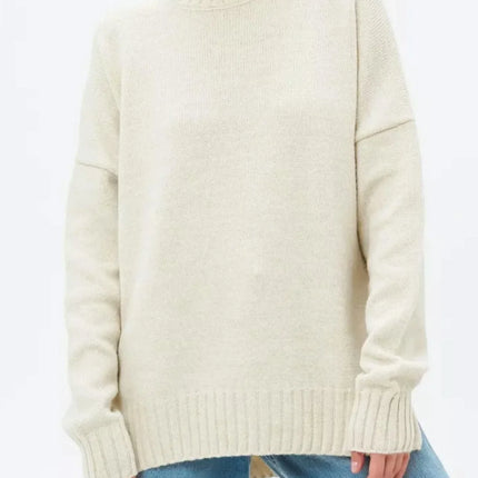 Women's Oversized Ribbed Knit Pullover Sweater with Semi-High Neck and Dropped Shoulders