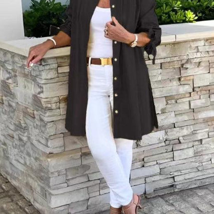 Women's Button-Up Blouse with Pleated Back and Tie Sleeves