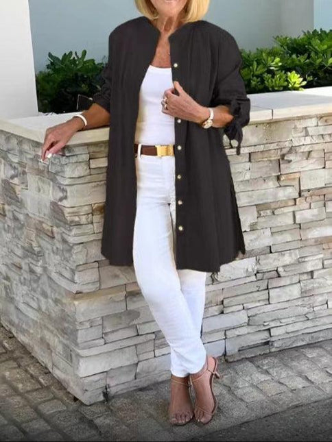 Women's Button-Up Blouse with Pleated Back and Tie Sleeves