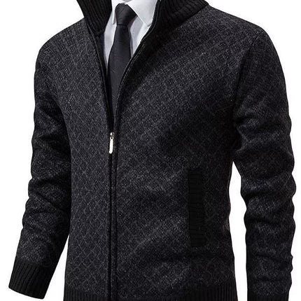 Men’s Fitted Knit Cardigan Sweater with Zip Front and Stand Collar