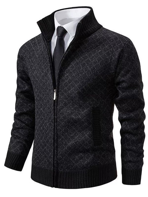 Men’s Fitted Knit Cardigan Sweater with Zip Front and Stand Collar