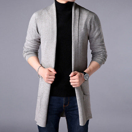 Men’s Knitted Long Cardigan Open Front Relaxed Fit Ribbed Trim